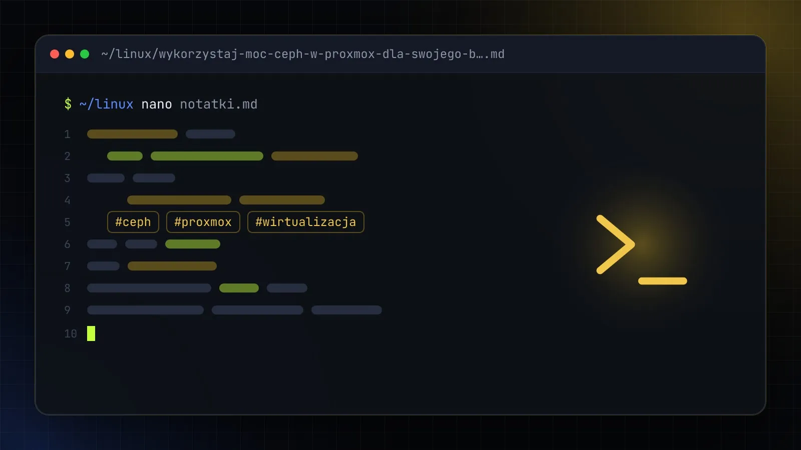 Ilustracja do artykułu „Ceph w Proxmox VE: kiedy się opłaca i jak go wdrożyć w firmie krok po kroku” — okno edytora z ikoną działu Linux i DevOps